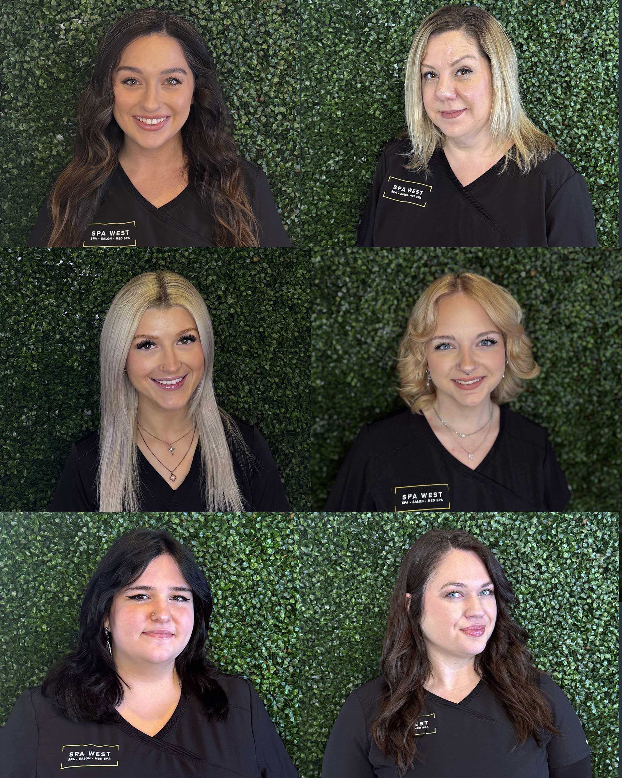 Spa West new team members portrait collage featuring six staff members in black uniforms against green backdrop